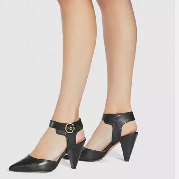 NWT Box Coach black leather “Wren” pump. gold buckle. architectural heel size 8B - Picture 2 of 11